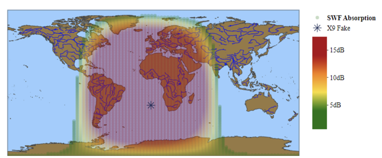 SET4D product indicating the area affected and potential impact of the X9.05 X-ray flare. This visualization depicts potential impact to 3 MHz radio signals. Higher frequencies, e.g., 30 MHz will experience much less impact.